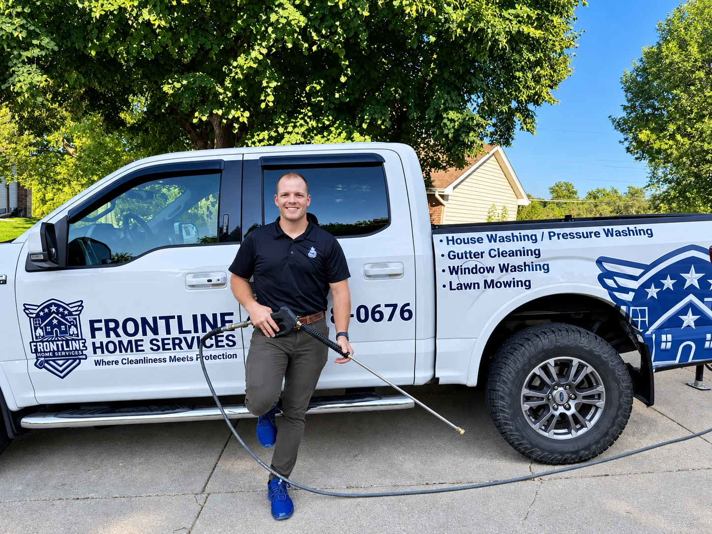 Andy Simmons of Frontline Home Services beside his lettered truck, pressure washing wand in hand