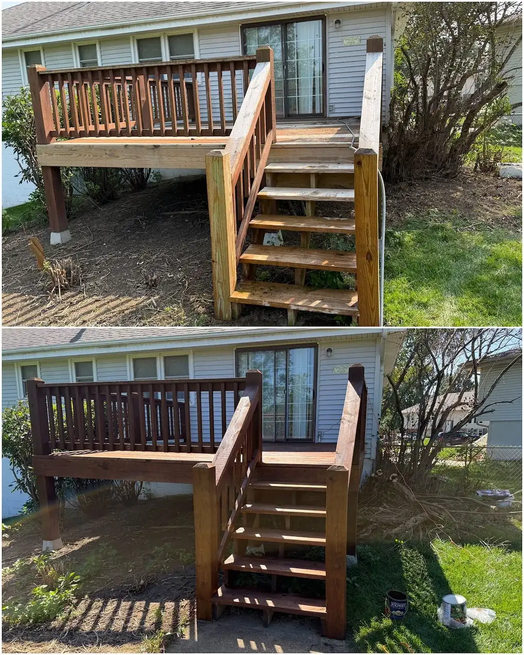 Deck stairs and bench, before and after