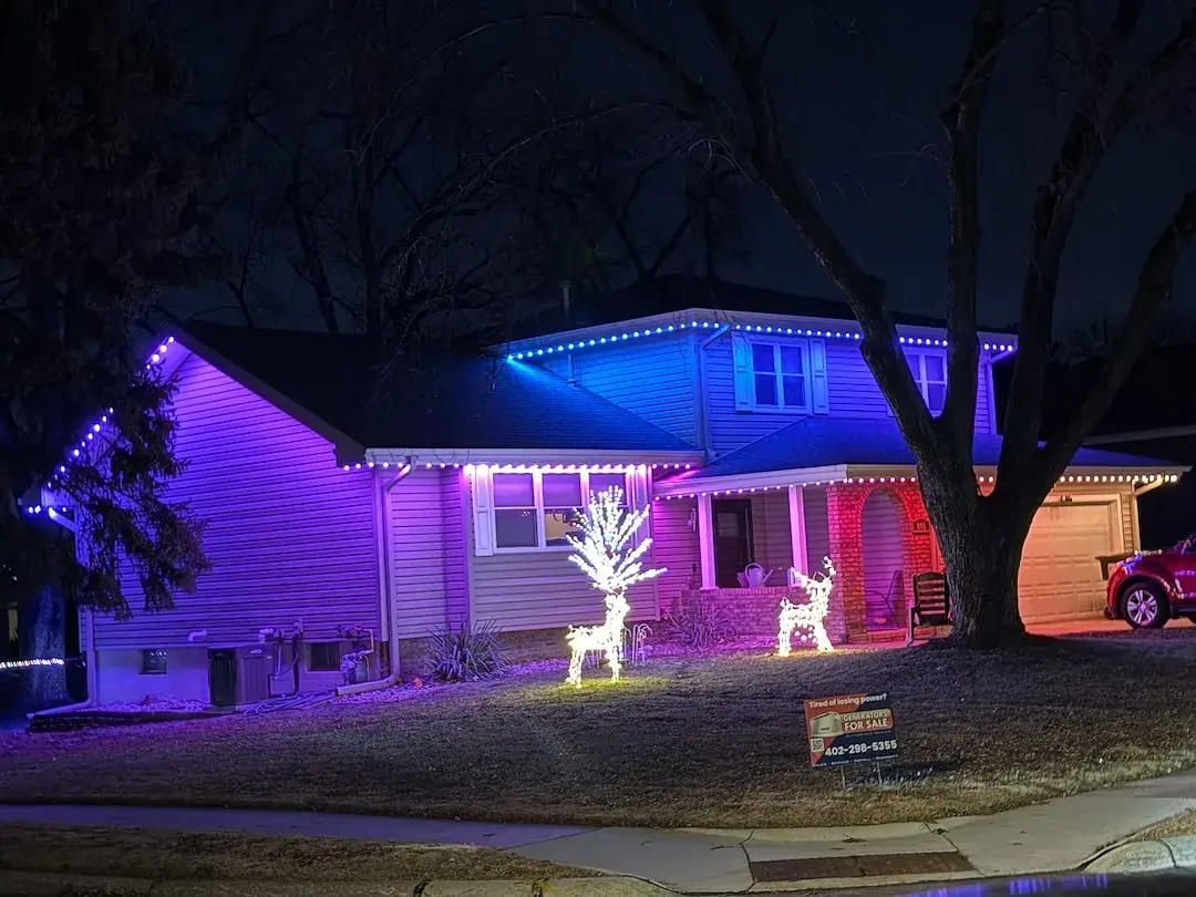 Permanent lighting in blue and purple with a holiday display