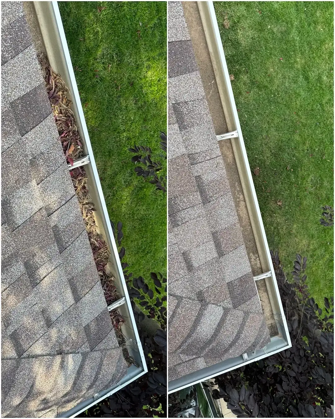 Leaf-filled gutter, before and after
